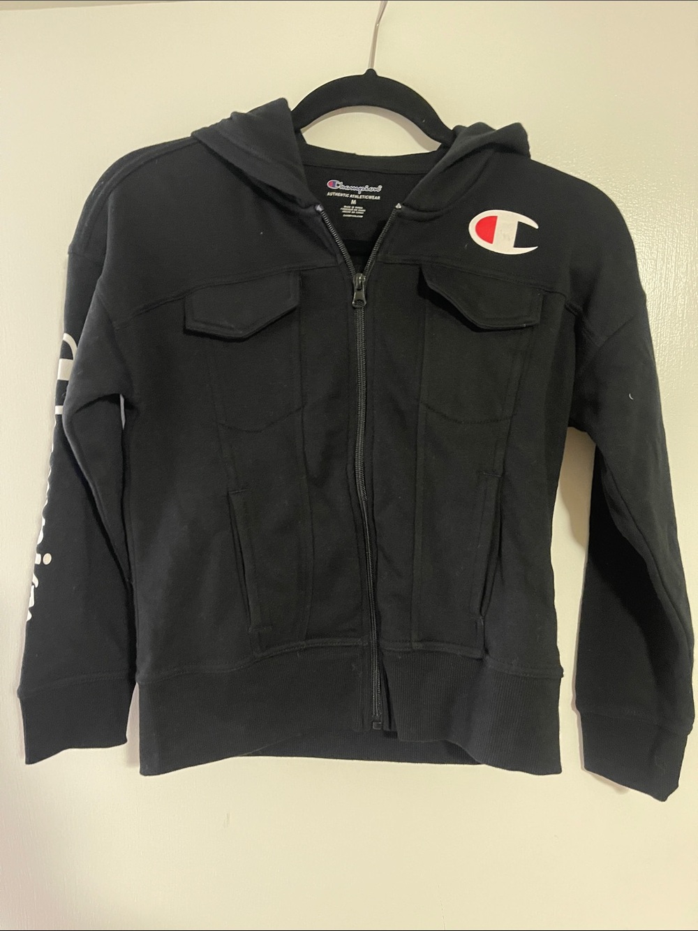 Champion Black Kids Zip Hoodie with Red & White Logo